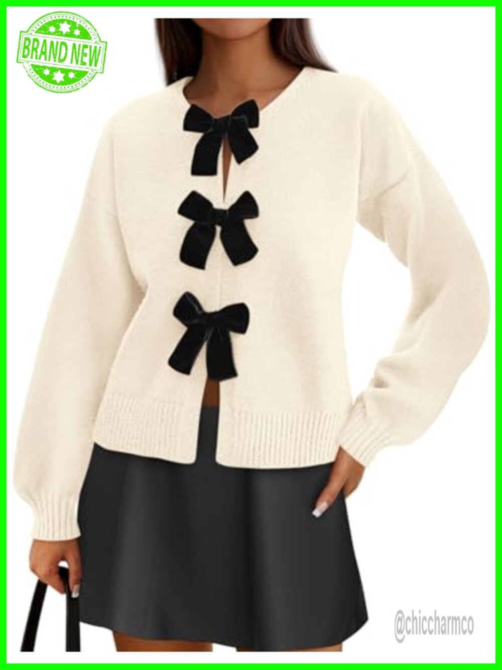 Women's Bow Tie Front Cardigan Long Sleeve Crew Neck Loose Knit Oversized